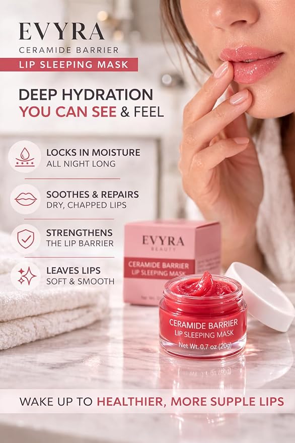 EVYRA Ceramide Barrier Lip Sleeping Mask 20g – Overnight Lip Repair for Very Dry & Chapped Lips – Peach Flavor – Lanolin & Petrolatum Free Lip Treatment