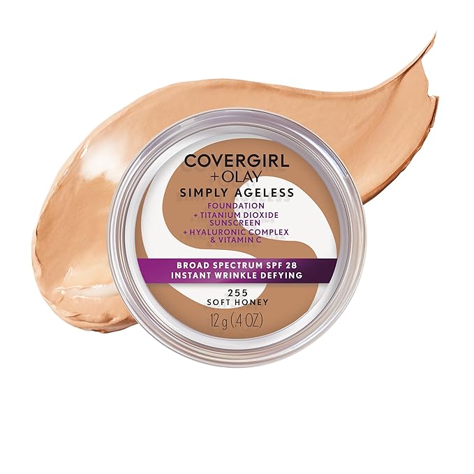 COVERGIRL Simply Ageless Instant Wrinkle Defying Foundation, SPF 28, Hyaluronic Complex & Vitamin C - 255 Soft Honey, Pack of 1