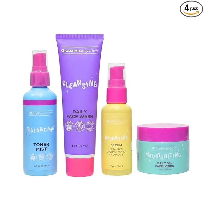 Global Beauty Care Youthful Skincare Set - Skin Care for Hydrating & Balanced Skin for Women & Teens with Face Wash, Toner Mist, Serum & Gel Lotion for Sensitive Skin, Daily Facial Care Kit, 4-Piece