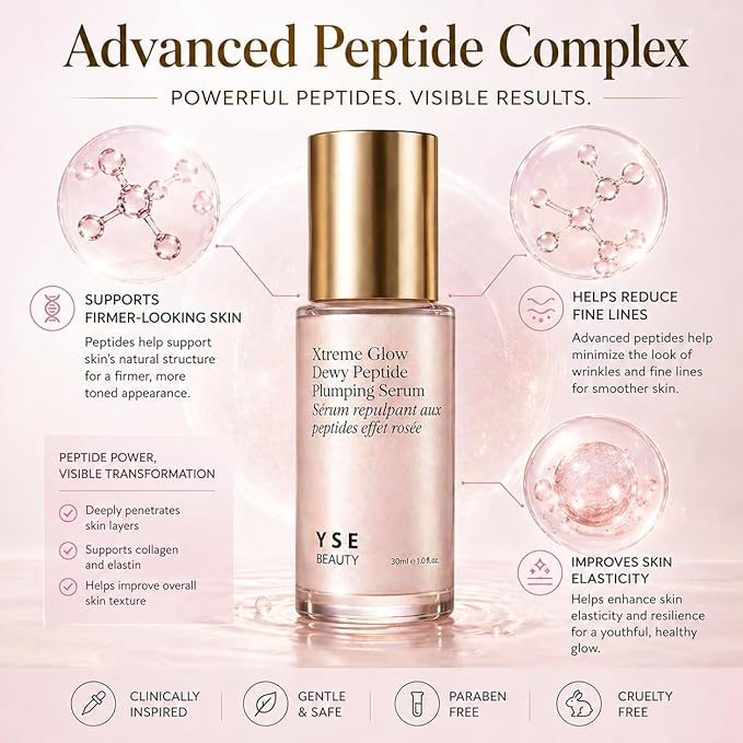 Yse Beauty Dewy Peptide Plumping Serum - Xtreme Glow Formula Smooths Wrinkles and Fine Lines, Hydrating Brightening Plumping Serum for Radiant Skin, 1 Fl Oz