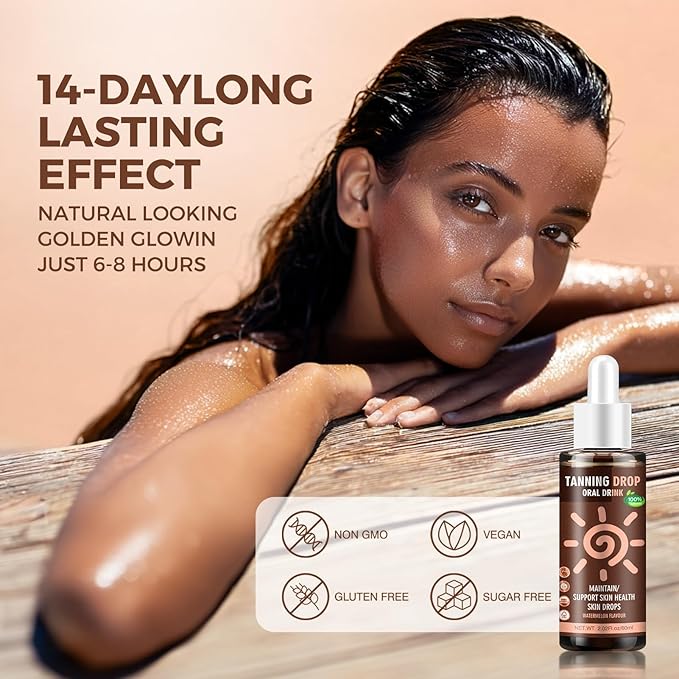 Sunless Tanning Drops To Drink: Oral Dark Self Tanning Drops Gradual Glow for Face & Body, 100% Natural Watermelon Flavor Tanning Supplement for Skin, Hydrating Bronzing Tanner for All Skin (60ml)
