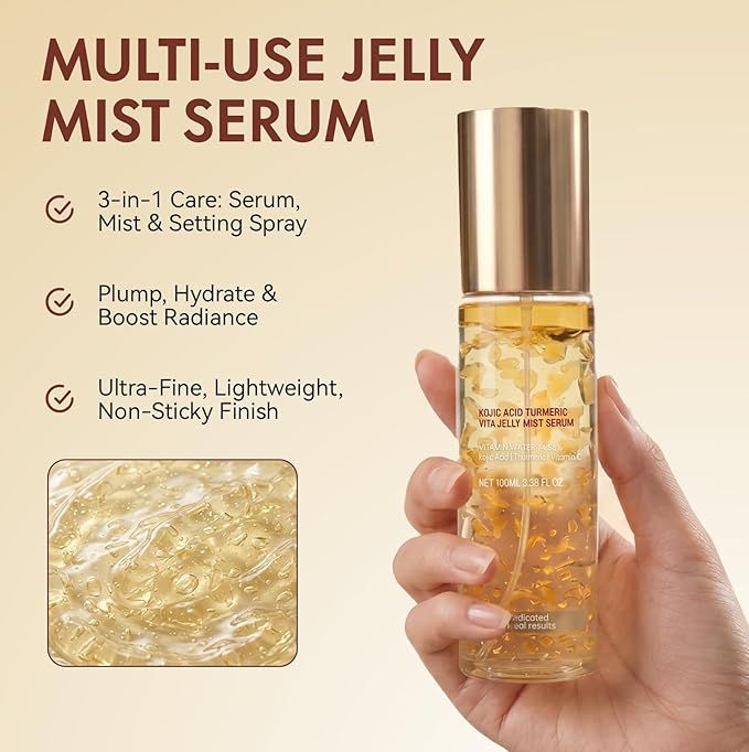 Jelly Serum Mist with Kojic Acid & Turmeric, 3-in-1 Hydrating Face Glow Spray with Turmeric, Vitamin C & Hyaluronic Acid, Sprayable Hydrogel for Even Tone, All Skin Types, 3.38 fl.oz