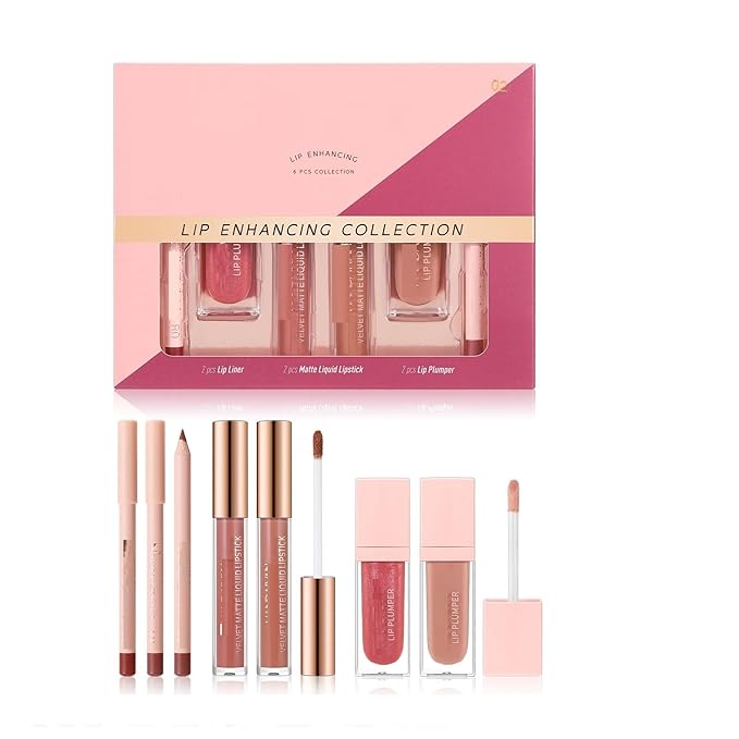 Lip Collection Set 6PCS Matte Lipliner Lipstick and Lip Plumber Kit Long Lasting High Pigmented Velvety Lip Makeup (Set 02)