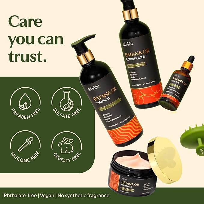 Batana Oil Shampoo and Conditioner Set (16 fl oz / 470 ml) with Rosemary & Caffeine | Includes Deep Mask, Hair Oil & Silicone Scalp Massager | Sulfate-Free, Paraben-Free for Fuller-Looking Hair.
