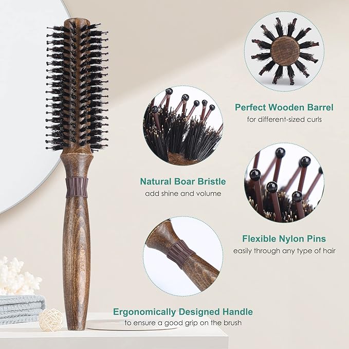 Round Brush for Blow Drying, LORSEX Boar Bristle Hair brush for Women Men, Round Hairbrush for Add Shine/Volume, Minimize Damage (2 Inch)