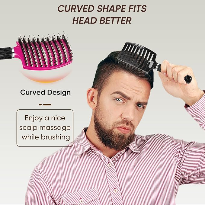 Boar Bristle Hair Brush 2PCS, Curved Vented Detangling Brush for Wet and Dry Hair, Styling Paddle Hairbrush for Women Men Kids Curly Straight Thick Long or Short Hair
