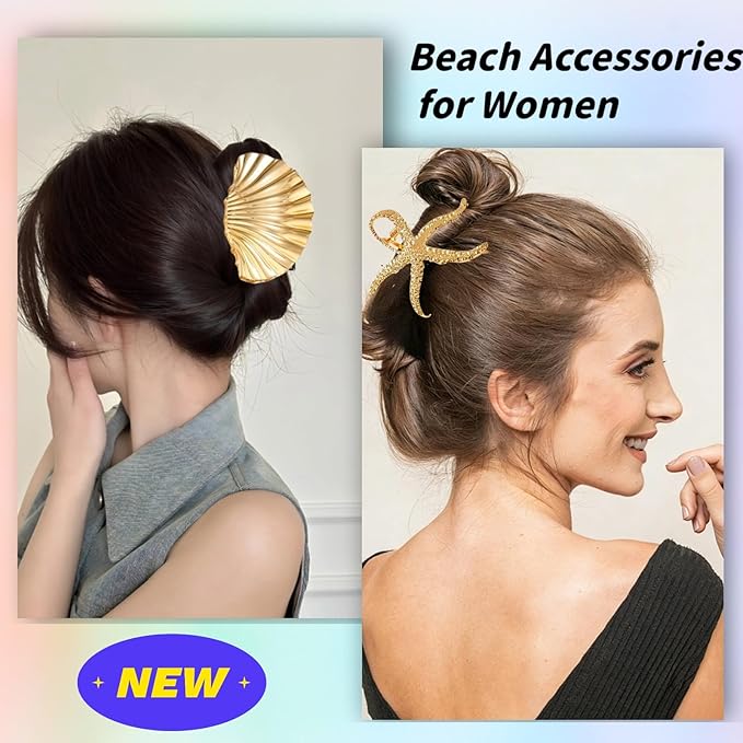 Beach Accessories for Women,2Pc Gold Seashell & Starfish Hair Clip Oversized Metal Claw Clips,Beach Hair Accessories,Summer Beach-Vibe Hair Accessories