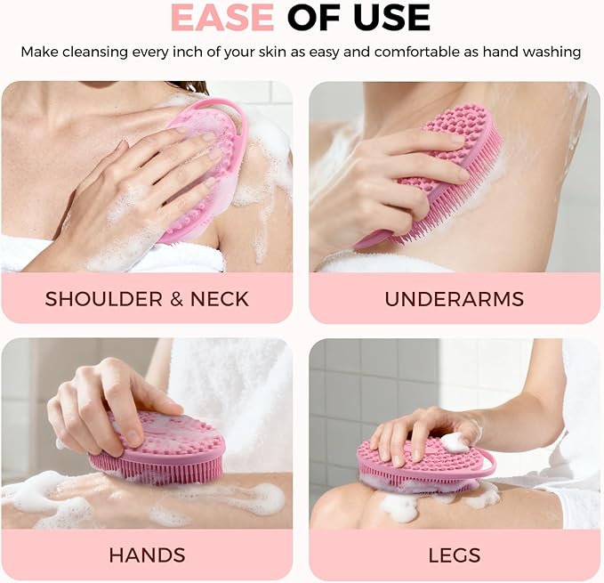2 Pack Silicone Body Scrubber, Exfoliating Silicone Shower Scrubber for Body, Gentle 2 in 1 Silicone Loofah Alternative for Women Men, Dual-Sided Soft Bath Scrubber for All Skin, Blue+Pink