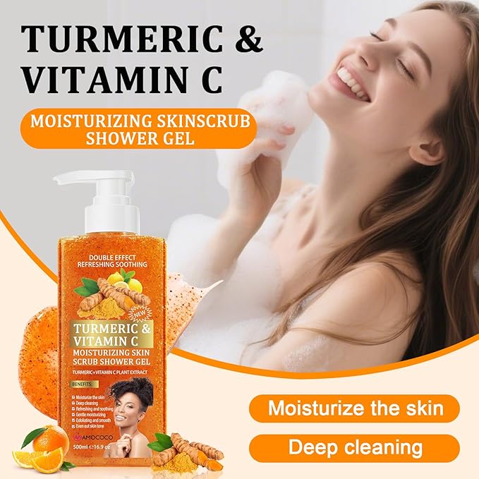 Turmeric Skincare, Vitamin C Body Wash with Cocoa Scrub & Kojic Acid Cleansing Face Pads, Daily Face & Body Cleanse Set, 16.9 fl oz & 20 Count