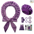 Gwabee No Heat Overnight Curls Headband to Sleep In, 70" Soft Ribbon Curl Wrap for Long Hair - 9 PCS Curling Rods Set with Bonnet, Purple