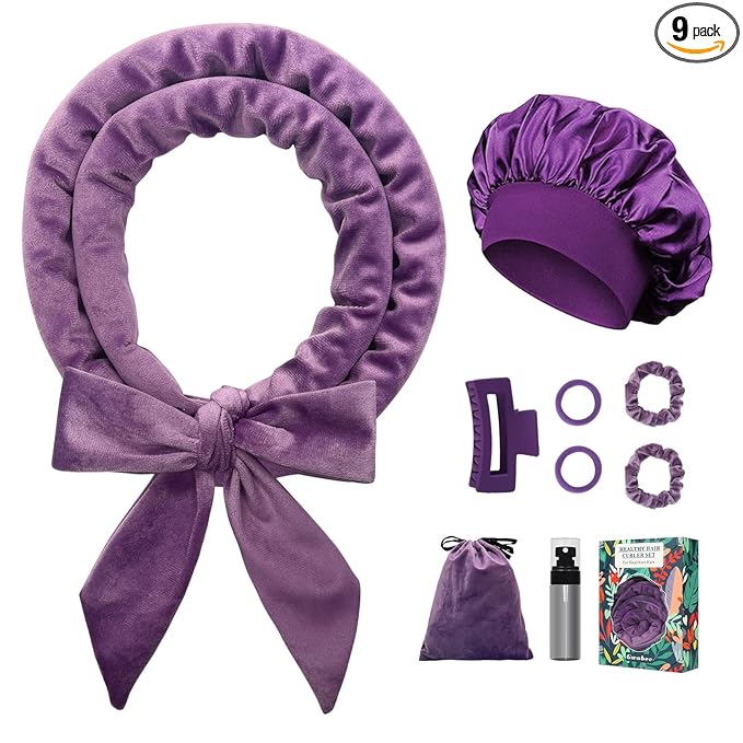 Gwabee No Heat Overnight Curls Headband to Sleep In, 70" Soft Ribbon Curl Wrap for Long Hair - 9 PCS Curling Rods Set with Bonnet, Purple