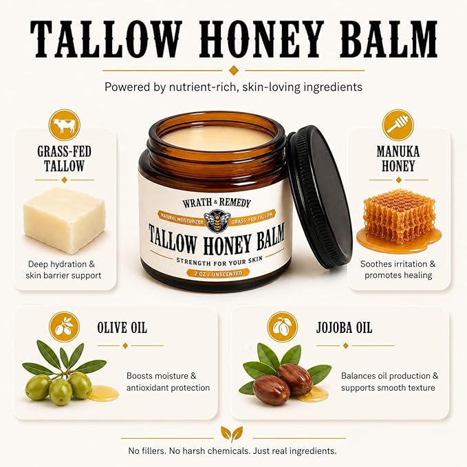 Organic Beef Tallow for Skin - 2OZ (Unscented, Concentrated) — US-Made Grass Fed Tallow and Honey Balm Moisturizer for Face, Hands & Body — Intensive Care for Dry Sensitive Skin, Eczema (No Additives)