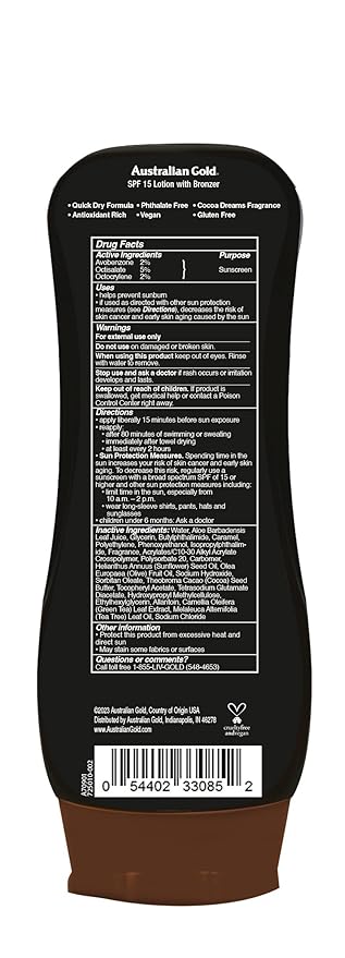 Australian Gold Sunscreen Lotion with Instant Bronzer SPF 15, 8 Ounce | Broad Spectrum | Water Resistant | Non-Greasy | SPF 15 8 Fl Oz (Pack of 1)