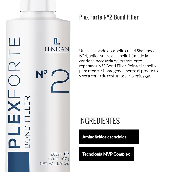 Lendan - Damaged Hair Repair Treatment - Plex Forte Nº2 Bond Filler - 200 ml - Strengthens Hair - Nourishes and Repairs Damaged Hair - Preserves Color Longer - Heat Protector