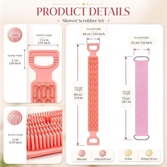 Manmihealth Silicone Back Scrubber for Shower & African Bath Sponge Set, Upgrade 33.8'' Long Silicone Back Brush & Exfoliating Net Sponge Combination, Dual-Sided Use Shower Loofah (Pink+Pink)