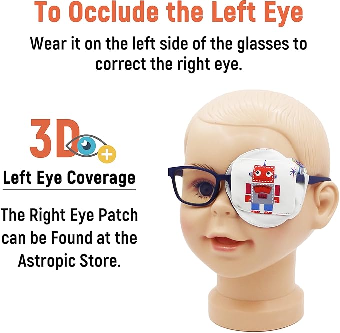 Astropic 3D Cotton & Silk Eye Patch for Kids | Boys Eye Patch for Glasses | Medical Eyepatch for Children with Lazy Eye (Red Robot, Left Eye)