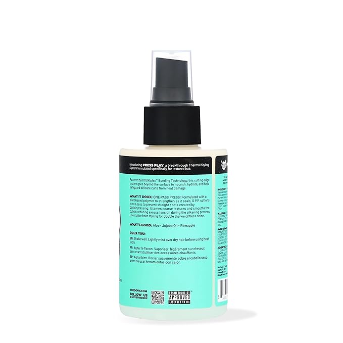 The Doux O.P.P. ONE‑PASS PRESS Heat Protection Spray for Hair – Thermal Protector with Jojoba Oil, Aloe & Pineapple – Anti‑Frizz Straightening Spray for Curly Hair & Silk Press Styles, 4 oz