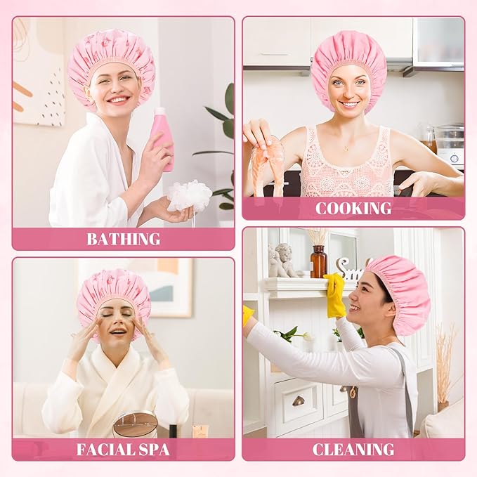 Pengxiaomei Large Double-Sided Shower Cap for Women, 2-in-1 Reusable Waterproof Cherry Print Bath Cap Pink Gifts for Women Girls Long Thick Hair