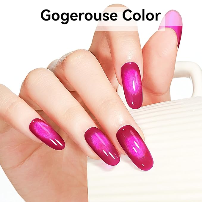 Cat Eye Gel Nail Polish, Jelly Hot Pink Manetic Nail Polish Glitter Holographic with Magnet, Glass Reflective Translucent UV Gel for Valentine's Day Gift Manicure Salon DIY at Home