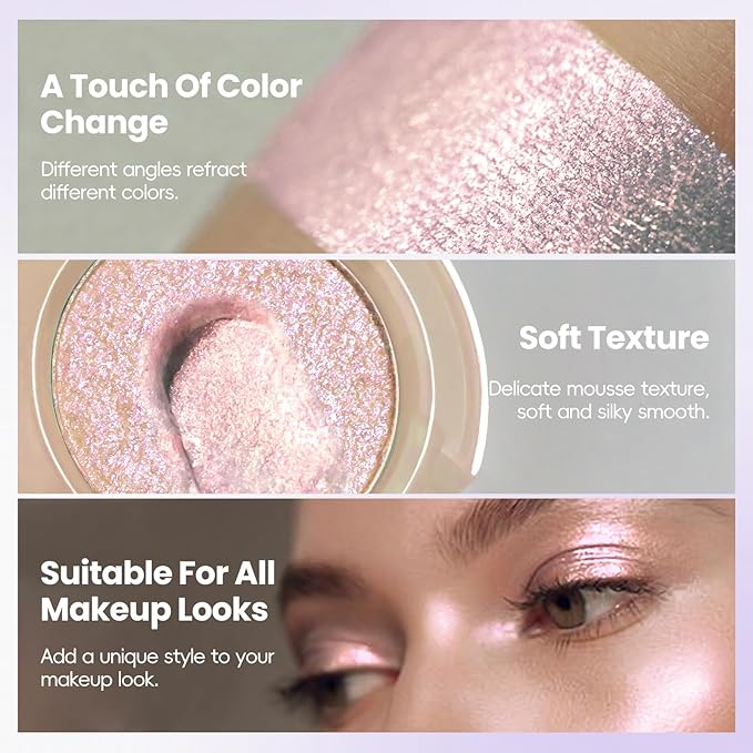 HOSAILY Holographic Light Pink Glitter Eyeshadow, Multichrome Shimmer Color Shifting Single Eyeshadow, Chameleon Metallic Iridescent Eye Shadow Palette Bouncy Texture Fairy Highlighter Makeup #2