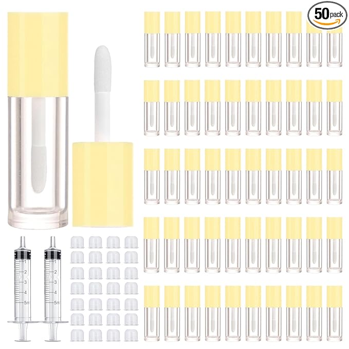 50pcs 2.5ml Empty Lip Gloss Containers Lip Gloss Tubes with Wand Cute 0.08oz Clear Refillable Lipgloss Making Supplies Kit for DIY Makeup + 2pcs Syringes (Yellow)