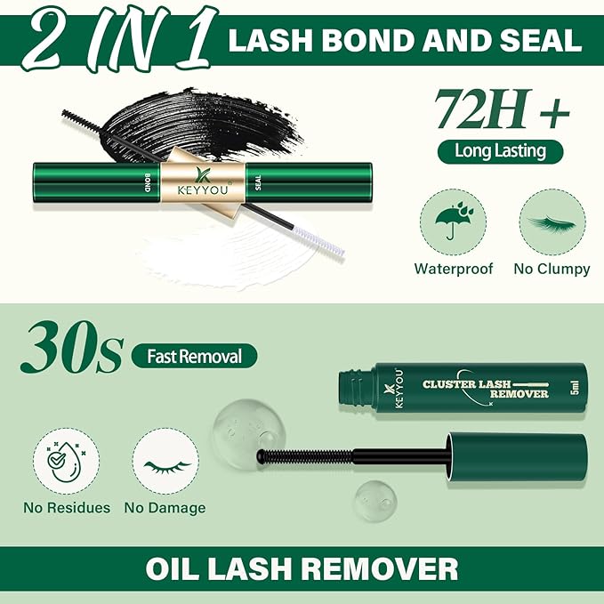 KEYYOU Lash Extension Kit DIY 300Pcs Lash Clusters Eyelash Extension Kit Lash Clusters Kit with Lash Glue Remover Applicator Easy to Use for Beginners(Kit,30D40D50D-C,8-16MIX)