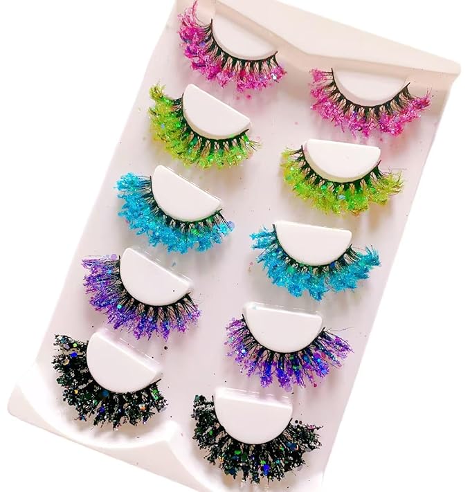 Sunniess Luminous Glitter Lashes,3D Dramatic Eyelashes with Sequins,25mm Decorative Sparkly Lashes for Halloween Colorful Lashes Christmas Cosplay Party Stage Makeup Colored False Eyelashes