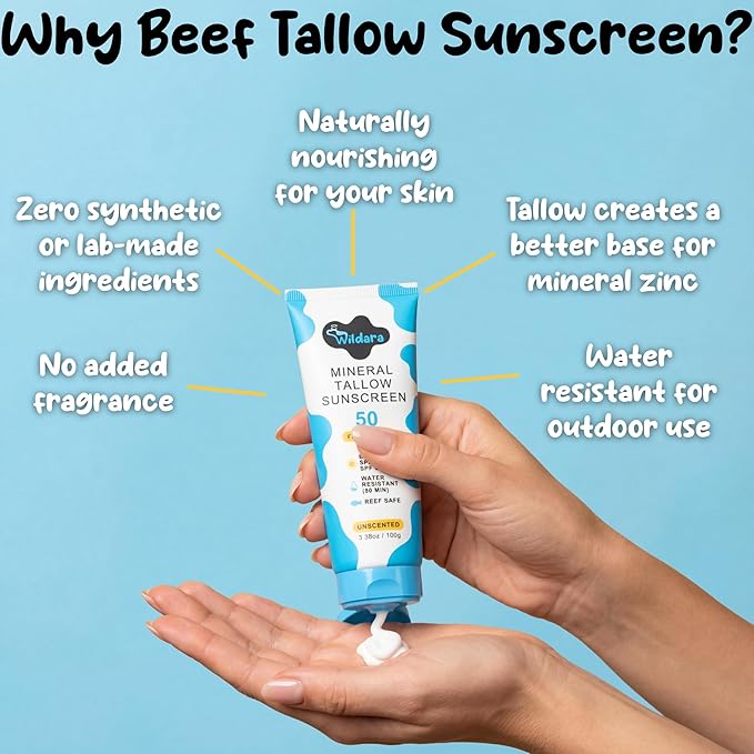 Beef Tallow Sunscreen SPF 50 – Mineral Sunscreen for Face & Body, Unscented, Reef Safe Sunscreen Lotion, Water Resistant, Zinc Oxide, Made in USA