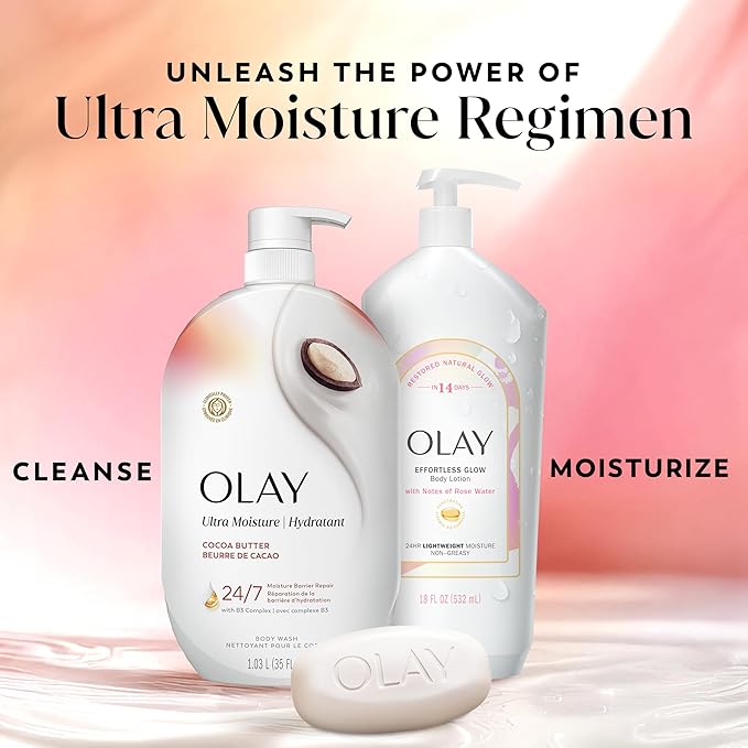 Olay Body Wash for Women, Ultra Moisture, 24/7 Moisture Barrier Repair, Hydrating Formula for Visibly Healthy Soft Skin, Vitamin B3 & Hyaluronic Blend, For All Skin Types, Cocoa Butter Scent, 35 fl oz