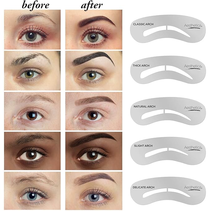 Aesthetica Brow Contour Kit 16-Piece Eyebrow Makeup Palette Set 6 Eyebrow Powders, 5 Eyebrow Stencils, Spoolie/Brush Duo, Tweezers, Eye Brow Wax, Highlighter - Unique Gifts For Women For Her Birthday