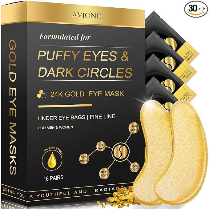 24K Gold Under Eye Patches (16 Pairs), Collagen Eye Masks for Dark Circles and Puffiness, Eye Patches for Women Puffy Eyes, Revitalizes and Refreshes Your Skin