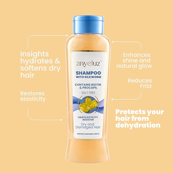 ANYELUZ Silkworm Shampoo, Nourishing Hair Cleanser, Enhances Elasticity, Softness & Shine, Protects Against Dehydration & Damage, Ideal for Dry & Damaged Hair