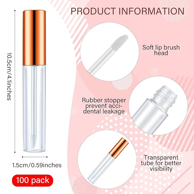 Nuanchu 100 Pcs 10 ml Lip Gloss Tubes Bulk Empty Plastic Lip Gloss Containers Clear Tubes Refillable Balm with Wand and Rubber Inserts Containers Bottles for DIY Makeup Travel (Rose Gold)