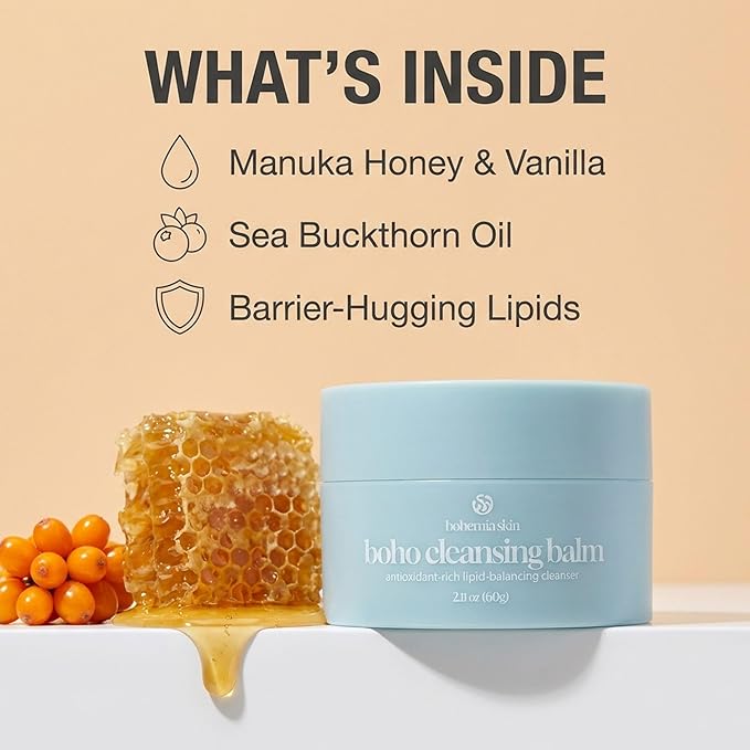 Bohemia Skin Boho Cleansing Balm – Hydrating Makeup Remover & Double Cleanse for Sensitive Skin – Manuka Honey & Sea Buckthorn – Melts Waterproof Mascara & SPF – Barrier Support Face Wash (2oz)