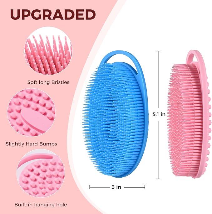 2 Pack Silicone Body Scrubber, Exfoliating Silicone Shower Scrubber for Body, Gentle 2 in 1 Silicone Loofah Alternative for Women Men, Dual-Sided Soft Bath Scrubber for All Skin, Blue+Pink