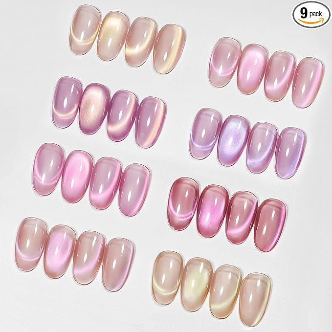 MIZHSE Cat Eye Gel Nail Polish, 8 Colors Pink Magnetic Gel Polish Set with Magnet Stick, Ceramics Effect Translucent Cats Eye Nails Soak Off Nail Art Manicure Home DIY Gift for Women