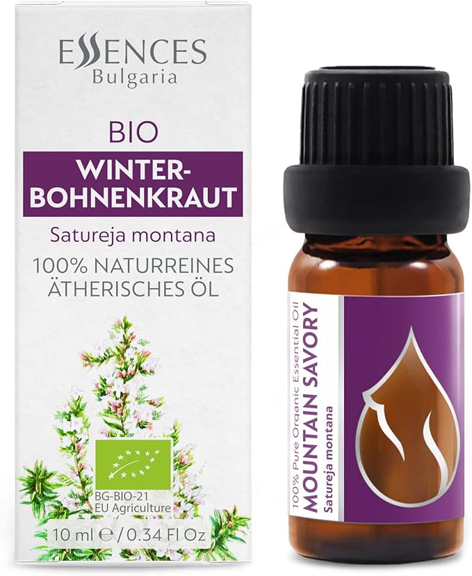 Essences Bulgaria Organic Mountain Savory Essential Oil 1/3 Fl Oz | 10ml | Satureja Montana | 100% Pure and Natural | Undiluted | Therapeutic Grade | Family Owned Farm | Steam-Distilled | Non-GMO