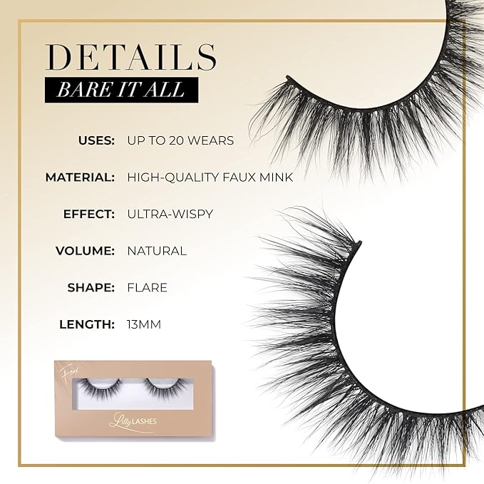 Lilly Lashes Everyday Bare it All Natural Lashes, Faux Mink Natural Eyelashes, False Eyelashes Everyday Use, Cat Eye Lashes, Individual Lashes Reusable up to 20x, No Lash Glue Included (13mm)