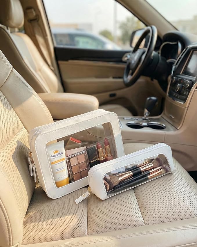 LETGO 2 Pack Clear Makeup Bag Set - Travel Toiletry Organizer for Women, Waterproof Cosmetic Makeup Pouch Portable Makeup Brush Case Car Accessories for Women Men (2Pack-Standard&Slim, Beige)