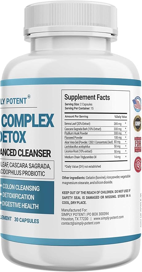 Simply Potent Natural Colon Cleanse - Gentle Colon Cleanser Supplement for Digestive Health - Supports Detoxification and Regularity - 60 Capsules