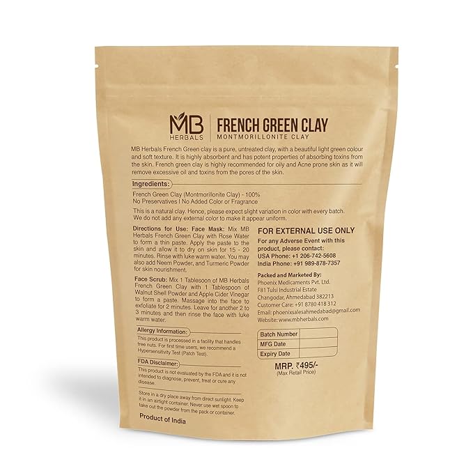 MB Herbals French Green Clay 8 oz | 0.5 lb / 227 Gram | 100% Pure Montmorillonite Clay | Absorbs Excess Oil | Detoxifies Skin | Recommended For Oily Skin | No Chemical Preservatives
