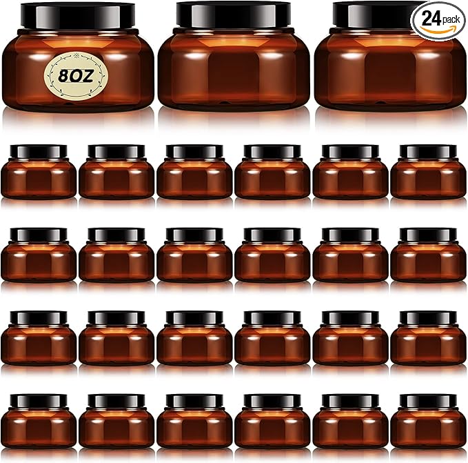 Tessco for you 24 Pack Plastic Jars with Lids Labels Multiuse Slime Containers Empty Body Scrub Jars Round Refillable Cosmetic Body Butter Container for Makeup (8 oz,Brown)