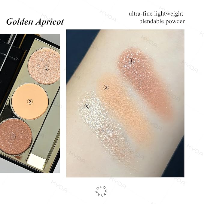 KYDA 3 Colors Eyeshadow Plaette, Glitter Champagne Golden Brown Eyeshadow, Nude Beige Peach Creamy Eyes Shadow, Lasting High Pigmented Warm Tone Eye Shadow, Mini Eyes Glitter Pallet for All Skin