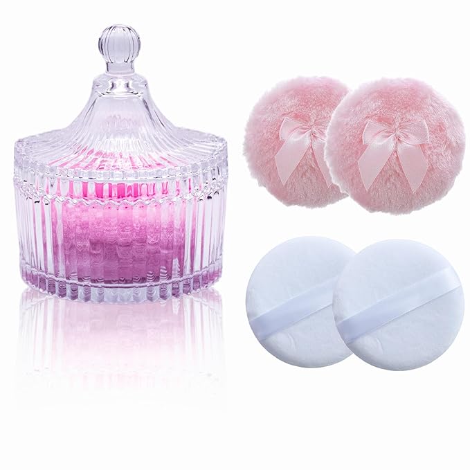 5 Pieces Large Body Powder Puff and Powder Container, Crystal Case for Dust Puff, Powder applicator with Box for Face and Body (Clear, Yurt)