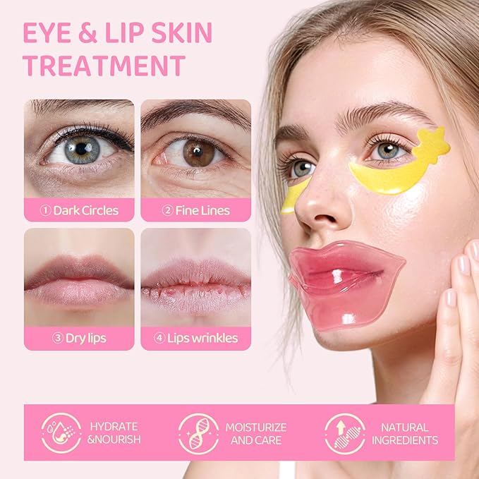 30PCS Lip Masks & Gel Eye Masks,Crystal Collagen Eye Patches for Puffy Eyes, Moisturizing& Reducing Fine Lines Dark Circle Eye Patches for Women Men