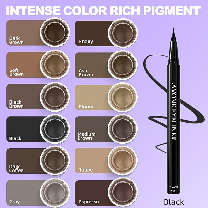 LAVONE Eyeliner Set - Waterproof Makeup Kit with Liquid Eye Liner Pencil, Gel Eyeliner and Angled Eye Liner Brush, Waterproof, Smudge Resistant, Long Lasting Formula - Dark Brunette