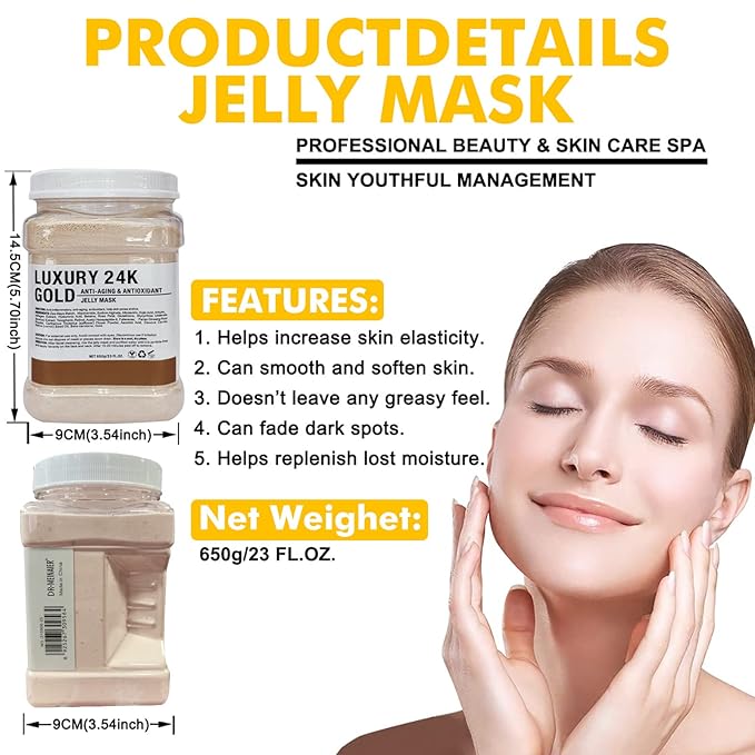 Jelly Mask Powder for Facials, 24K Gold Anti Aging Jelly Face Mask, Professional Peel Off Hydro Face Mask Powder for Fight Fine Lines, Dullness & Uneven Skin Tone, DIY SPA 23 FLOZ Mask Powder
