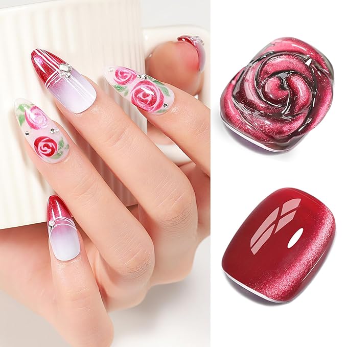 Red Cat Eye Gel Polish, Jelly Glass Magnetic Nail Polish, Ruby Red UV Glitter Holographic, Cateye Gel Polish with Magnet Shimmer Manicure Salon DIY at Home for Women, 12ML