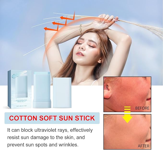 2PC Sheghy Cotton Soft Sun Stick SPF50+, Korean Skin Care Sunscreen Stick,Lightweight Hydrating Tinted Facial Sunscreen,Moisturizing Protector Solar Sunblock for Face and Body,Refreshing & Non-Greasy