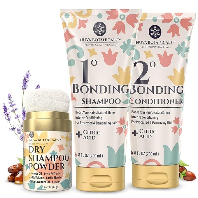 Dry Shampoo Powder with Biotin (0.42 oz) and Bonding Shampoo & Conditioner Set (6.8 Fl oz each) - Strengthening Formula to Restore Damaged Hair, Hydrate Ends and Refresh Roots Between Washes